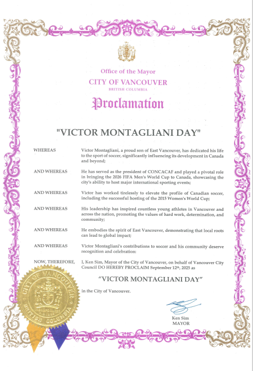 rajchouhan's tweet image. Joined @Concacaf  President #VictorMontagliani at @CityofVancouver to celebrate his impact on Canadian soccer—officially marked by Victor Montagliani Day!

A proud moment with the FIFA World Cup Trophy as we look ahead to #Vancouver2026

 #FIFAWorldCup #CanadianSoccer