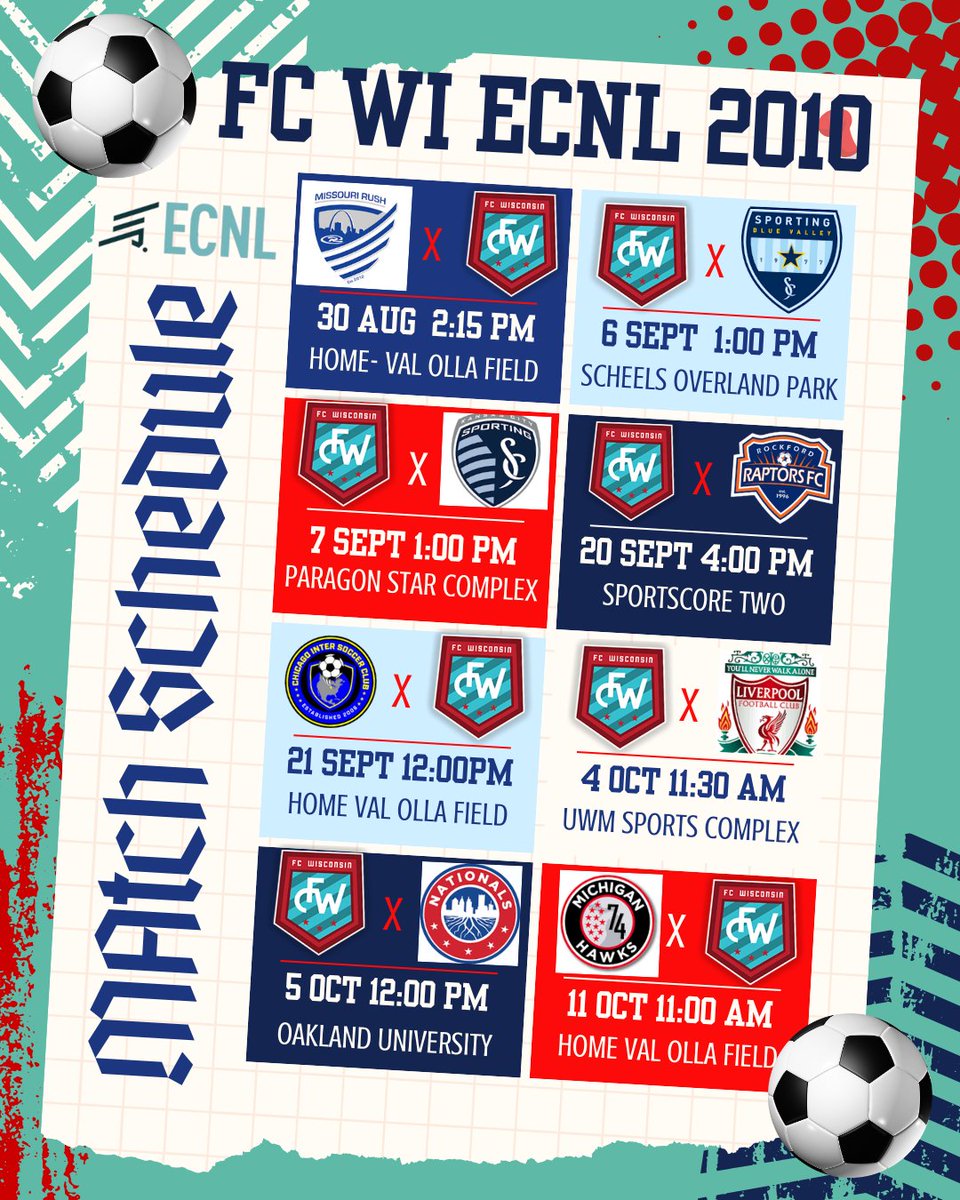 First half of the season schedule <a href="/FCW_ECNL/">FC Wisconsin Girls Soccer</a> <a href="/ECNLgirls/">ECNL Girls</a> <a href="/ImYouthSoccer/">ECNL/GA/Recruiting/College Soccer</a>  <a href="/ImCollegeSoccer/">College Soccer Truth ™</a>