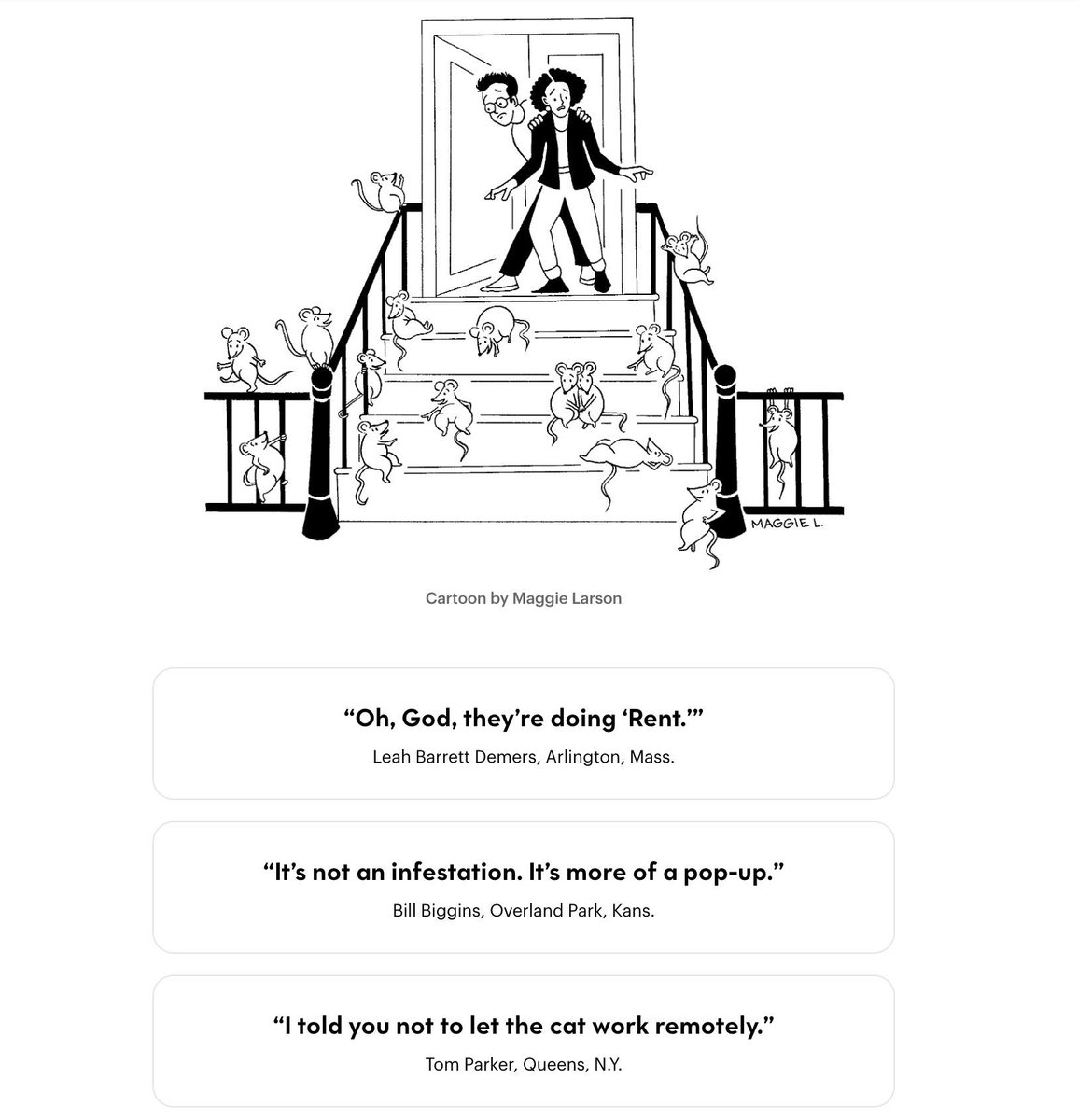 doc_nad's tweet image. I stepped up and voted.

My Entry in The New Yorker Cartoon Caption Contest #955 attemptedbloggery.blogspot.com/2025/08/my-ent… #MaggieLarsen #Rats #FrontStoop #TheNewYorker #Cartoon #CaptionContest