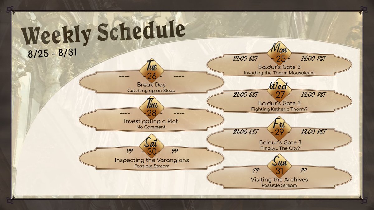 AlexiosVT's tweet photo. Where did the weekend go? I thought today was Sunday..... anyhow, here's the weekly schedule! https://t.co/CeKyBSzOkC