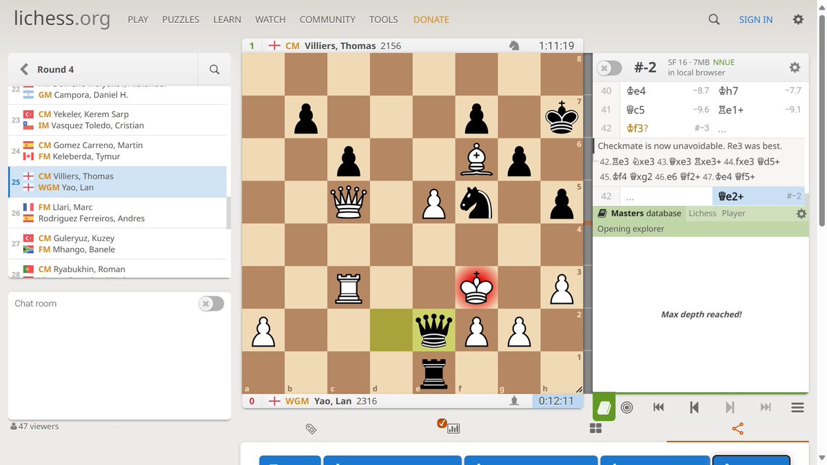 Board 25 at the Maia Chess Festival was an all English affair. CM Thomas Villiers upset WGM Lan Yao after getting his queen and rook on the back rank and pushing Yao's king into the danger zone. #chess #englishchess