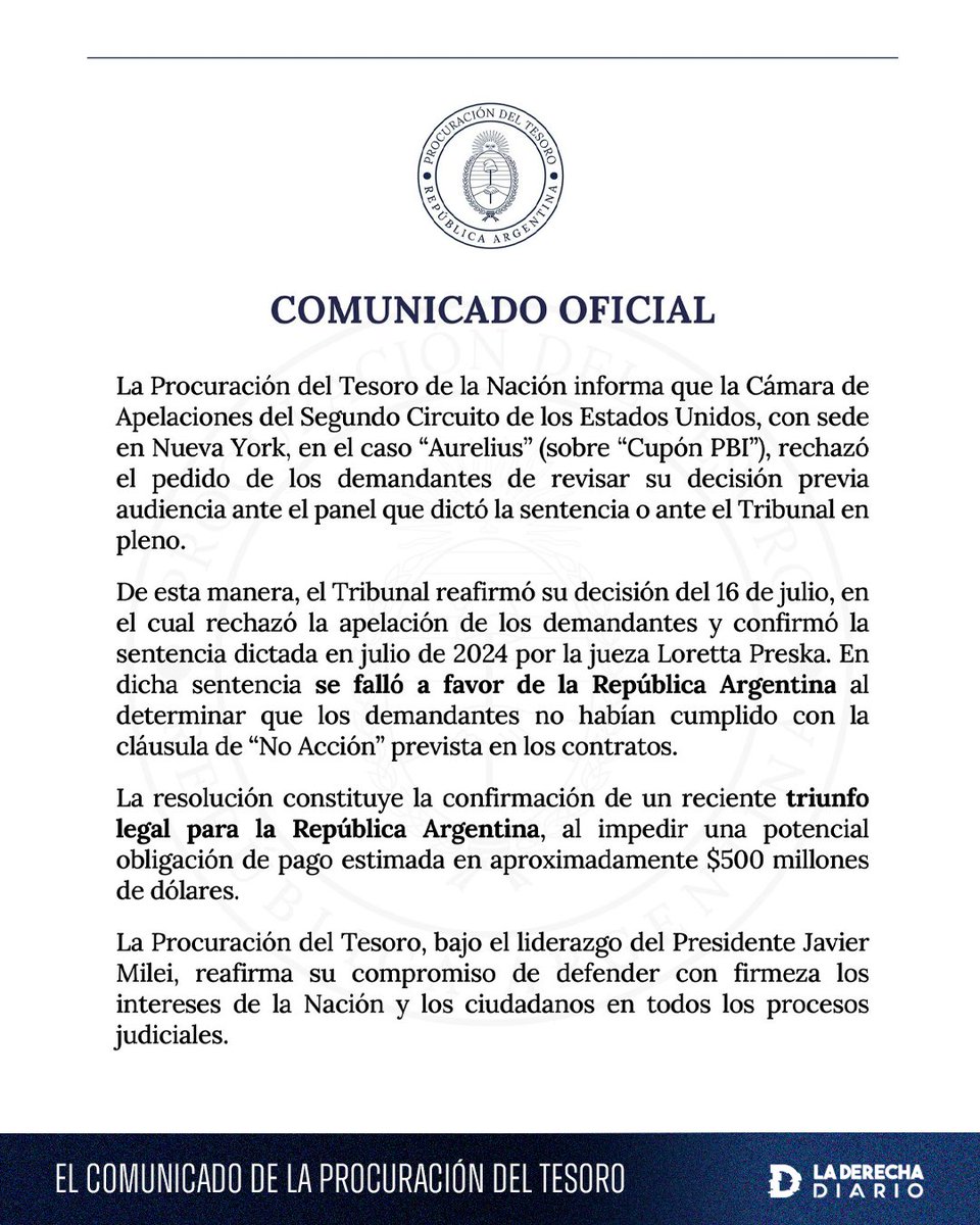🚨🇦🇷🇺🇸 | #URGENTE TRIUNFO LEGAL DE ARGENTINA: La Justicia de Estados Unidos rechazó un reclamo de fondos buitre por el caso “Cupón PBI” y confirmó un fallo a favor del Gobierno de Milei que evita un pago de $500 millones de dólares.
