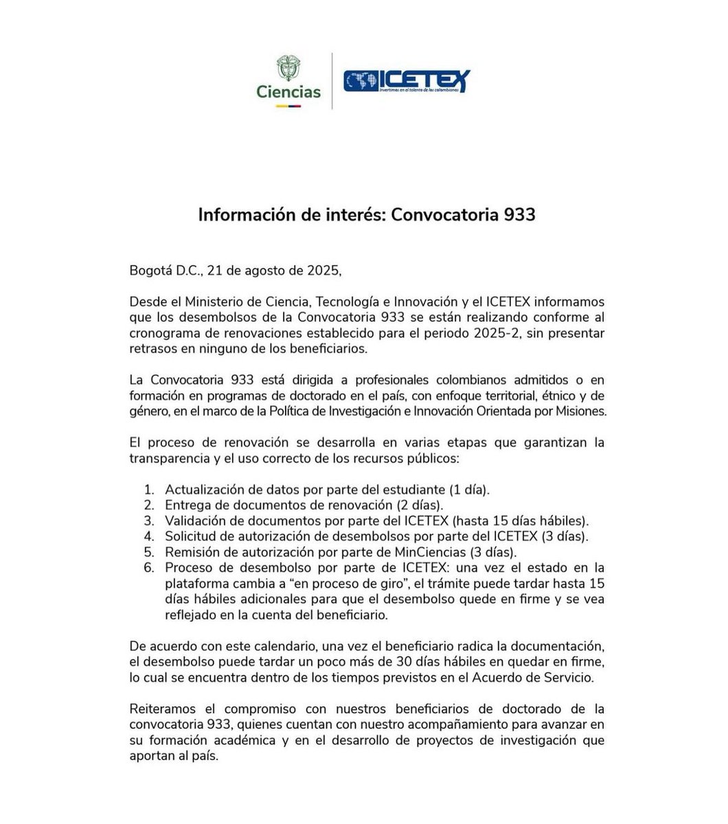 smduffis's tweet photo. @MincienciasCo e @ICETEX sacaron este comunicado la semana pasada pero siguen incumpliendo. Varios beneficiarios estamos desde julio en estado “Renovación IES” y el proceso de giro no avanza https://t.co/1DaQMZL3Yu