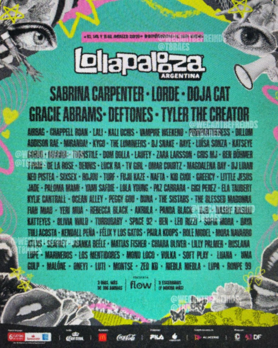 t8raes's tweet photo. AHORA SI!
LINEUP OFICIAL DEL LOLLAPALOOZA 2026🔜 https://t.co/2zNaEhQBIx
