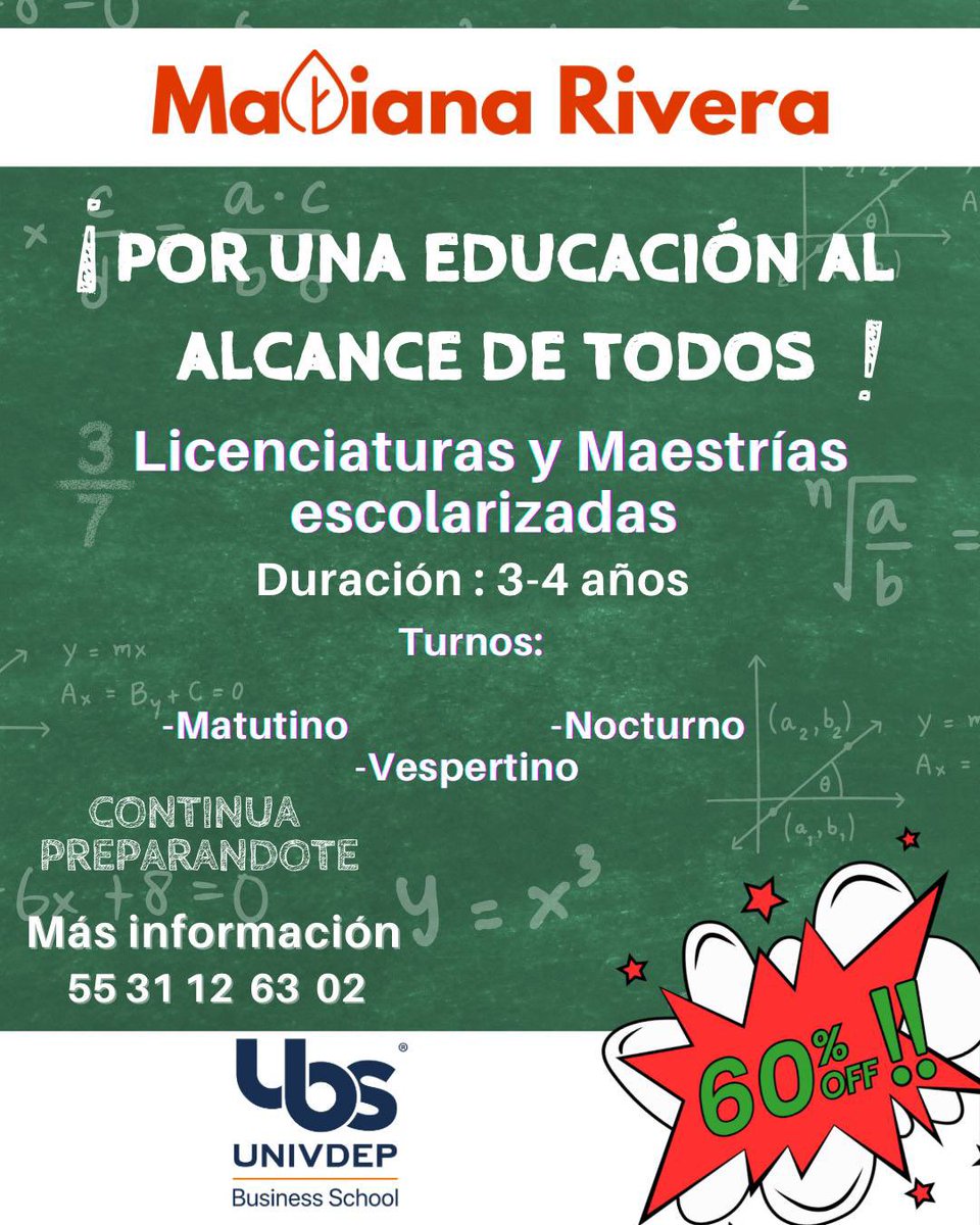 ¡Por una Educación al Alcance de Todos! 

Continúa con tus estudios; licenciaturas y maestrías con el 60% de descuento en inscripción y colegiaturas. 

Educación de excelencia <a href="/UNIVDEP/">UNIVDEP</a> 
APLICA PARA TODA LA CDMX

#MarianaRiveraMx 
#CDMXaTuAlcance 
#PorBuenRumbo