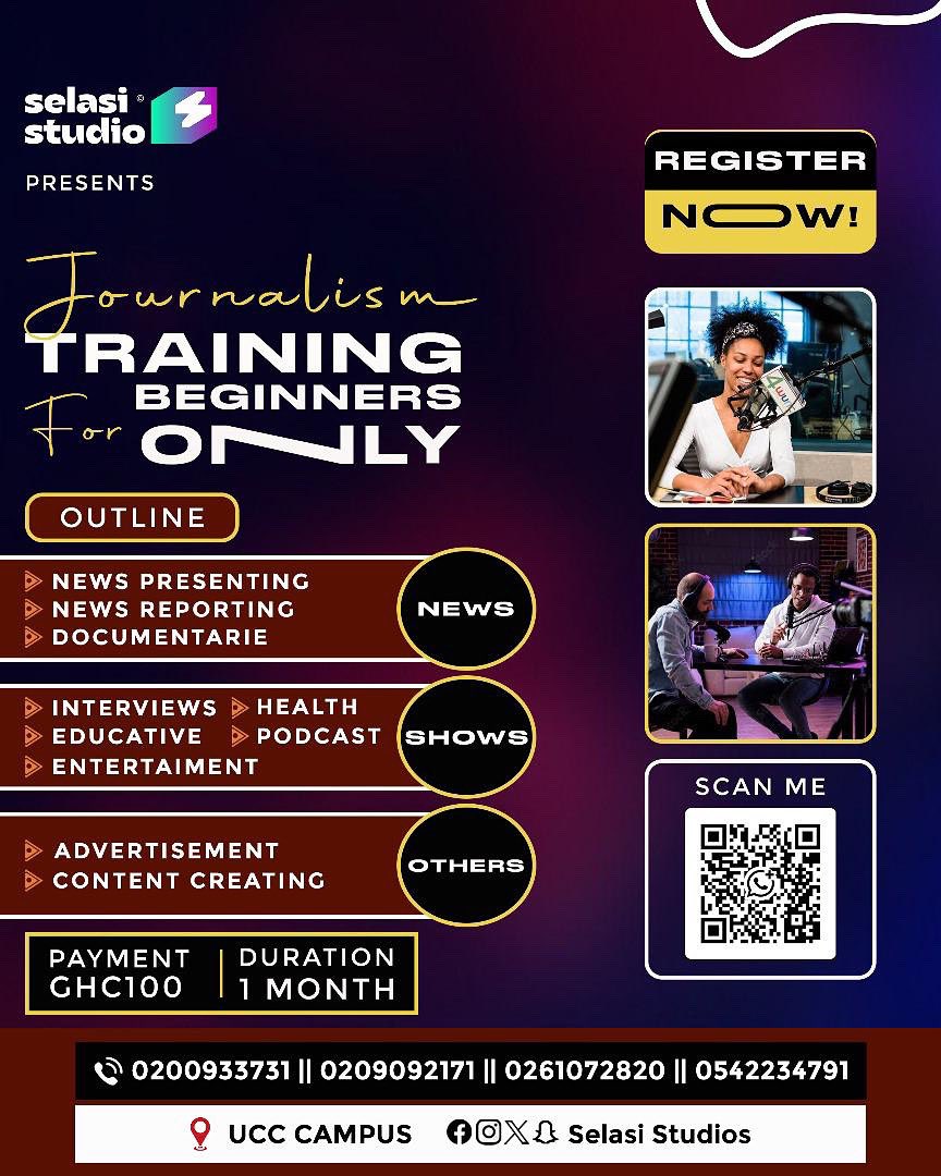 SelasiMultimed1's tweet photo. Turn Your Passion Into a Profession

Join our intensive JOURNALISM TRAINING at @selasi_studios , where aspiring voices become confident storytellers. 🌍

#SelasiStudios
#TheListenerHasHeard https://t.co/DkWLuUw0Ac