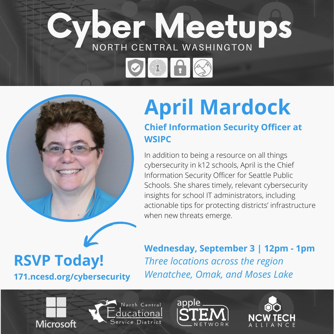North Central ESD (@ncesd171) on Twitter photo Coming up NEXT WEDNESDAY; April Mardock, Chief Information Security Officer at WSIPC, will be joining us for our September Cyber Meetup to facilitate an interactive cyber incident response tabletop session. RSVP for FREE at: 171.ncesd.org/cybersecurity
<a href="/ncwtech/">NCW Tech Alliance</a> Coming up NEXT WEDNESDAY; April Mardock, Chief Information Security Officer at WSIPC, will be joining us for our September Cyber Meetup to facilitate an interactive cyber incident response tabletop session. RSVP for FREE at: 171.ncesd.org/cybersecurity
<a href="/ncwtech/">NCW Tech Alliance</a>
