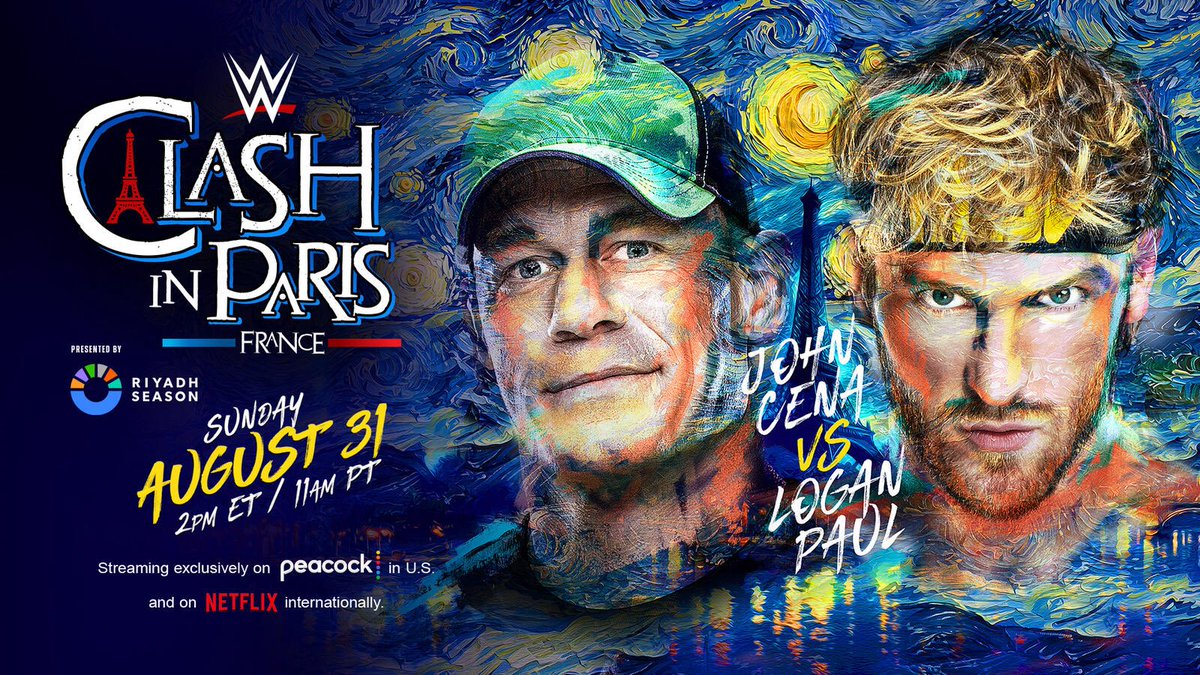 WrestleOps's tweet photo. Updated card for ‘CLASH IN PARIS’ this Sunday:
• Rollins v Punk v Uso v Knight (World Title)
• John Cena v Logan Paul
• Roman Reigns v Bronson Reed
• Becky Lynch v Nikki Bella (IC Title)
• Sheamus v Rusev https://t.co/Ipg4TOlYLs