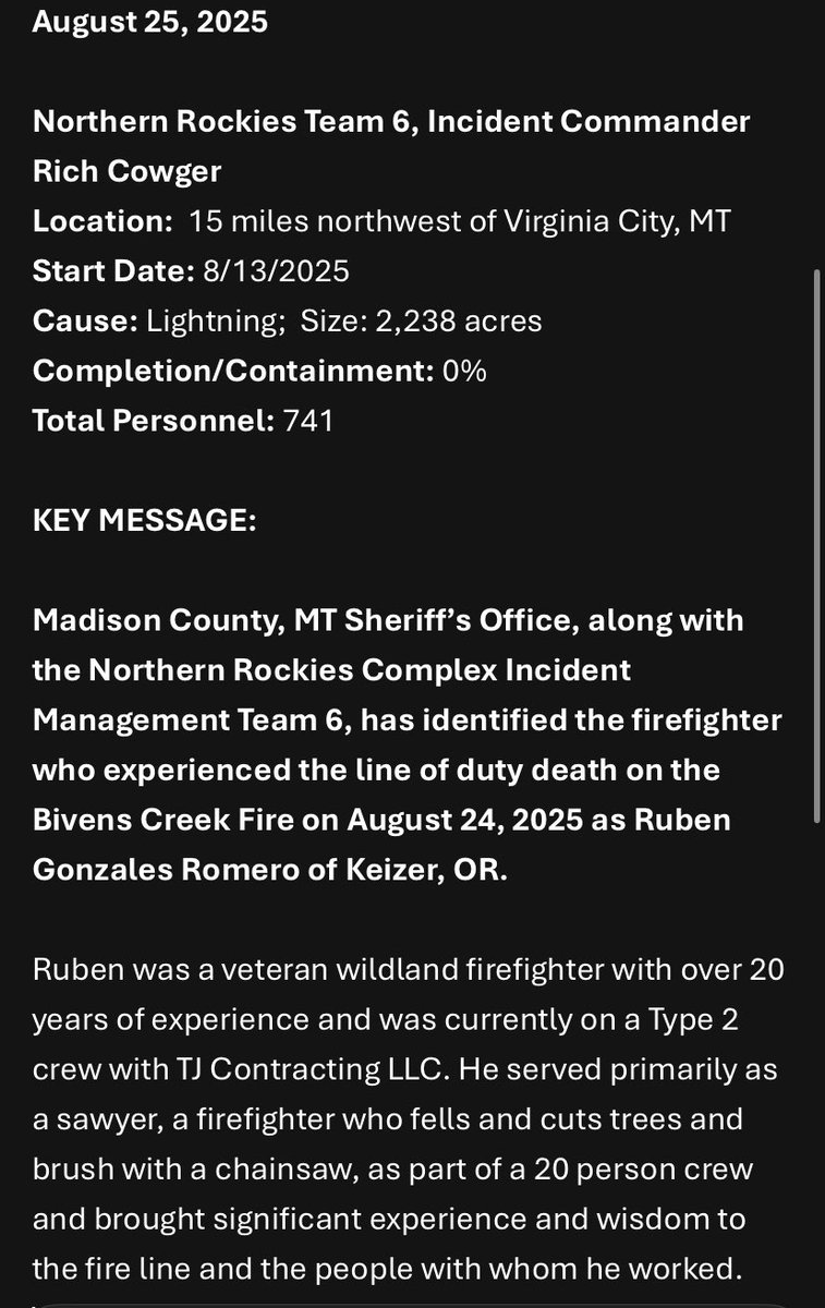 JoshMNBCMT's tweet image. BREAKING: Fallen firefighter on the Bivens Creek blaze identified as Ruben Gonzales Romero of Keiser, Oregon #mtfire
