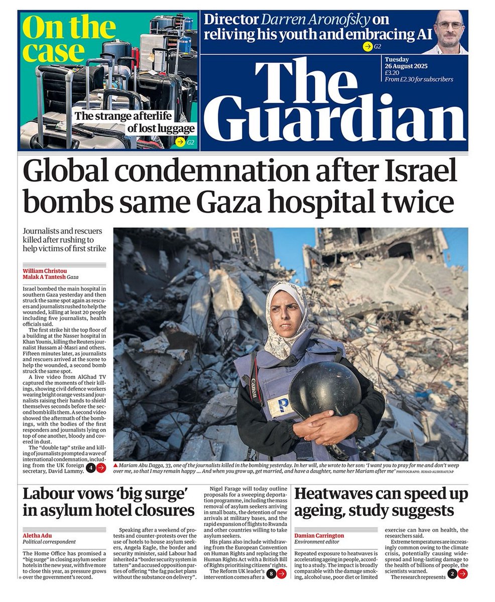 ๐ต๐๐๐๐ ๐ฟ๐๐๐๐ ๐๐๐๐๐ข ๐ฐ (@ukpapers) on Twitter photo ๐ฌ๐ง Global Condemnation After Israel Bombs Same Gazza Hospital Twice
โซAt least 20 people, including five journalists, died as they rushed to help those wounded in the first strike
โซ<a href="/will_christou/">Will Christou</a> &
Malak A Tantesh
โซis.gd/qkAAol
#frontpagestoday #UK <a href="/guardian/">The Guardian</a> ๐ฌ๐ง Global Condemnation After Israel Bombs Same Gazza Hospital Twice
โซAt least 20 people, including five journalists, died as they rushed to help those wounded in the first strike
โซ<a href="/will_christou/">Will Christou</a> &
Malak A Tantesh
โซis.gd/qkAAol
#frontpagestoday #UK <a href="/guardian/">The Guardian</a>