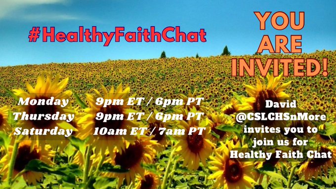 #HealthyFaithChat 6pm PST
<a href="/cselston/">Chris Elston</a> <a href="/AxeSketchbook/">AxeSketchbook</a> <a href="/shearersclippin/">Kevin Shearer! A slave to the Lord Jesus Christ</a> <a href="/RealPaulAhnert/">Paul Ahnert ✝️🇺🇸⏳</a> <a href="/JasonWalker_/">Jason SkyWalker ✝️🇯🇲</a> <a href="/bassmanbrian/">Brian</a> <a href="/nickuva/">Nick Uva</a> <a href="/ohtacosforotaku/">OhTacosForOtakus</a> <a href="/NGetzlow/">Neil Getzlow</a> <a href="/WeNeedAnArk/">✝️ We Need an Ark</a> <a href="/1929home/">texasgirl</a> <a href="/KariRimbey/">Kari Rimbey</a> <a href="/AnnLindberg5/">Ann Lindberg</a> <a href="/tcunderdahl/">Thomas Underdahl</a> <a href="/tallaksenk/">Kevin Tallaksen</a>  <a href="/AuthorJ_Fowler/">James Fowler</a> <a href="/agnesisaiah4110/">Agnes Mina,CLS,MT,MD</a>