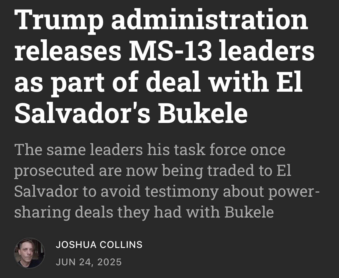 Max Granger (@_maxgranger) on Twitter photo It’s not “sanctuary politicians” who stand with MS-13—it’s the Trump administration, which is dropping charges and deporting the gang’s leaders so they can’t testify in US court about <a href="/nayibbukele/">Nayib Bukele</a>’s secret alliances with gangs. It’s not “sanctuary politicians” who stand with MS-13—it’s the Trump administration, which is dropping charges and deporting the gang’s leaders so they can’t testify in US court about <a href="/nayibbukele/">Nayib Bukele</a>’s secret alliances with gangs.