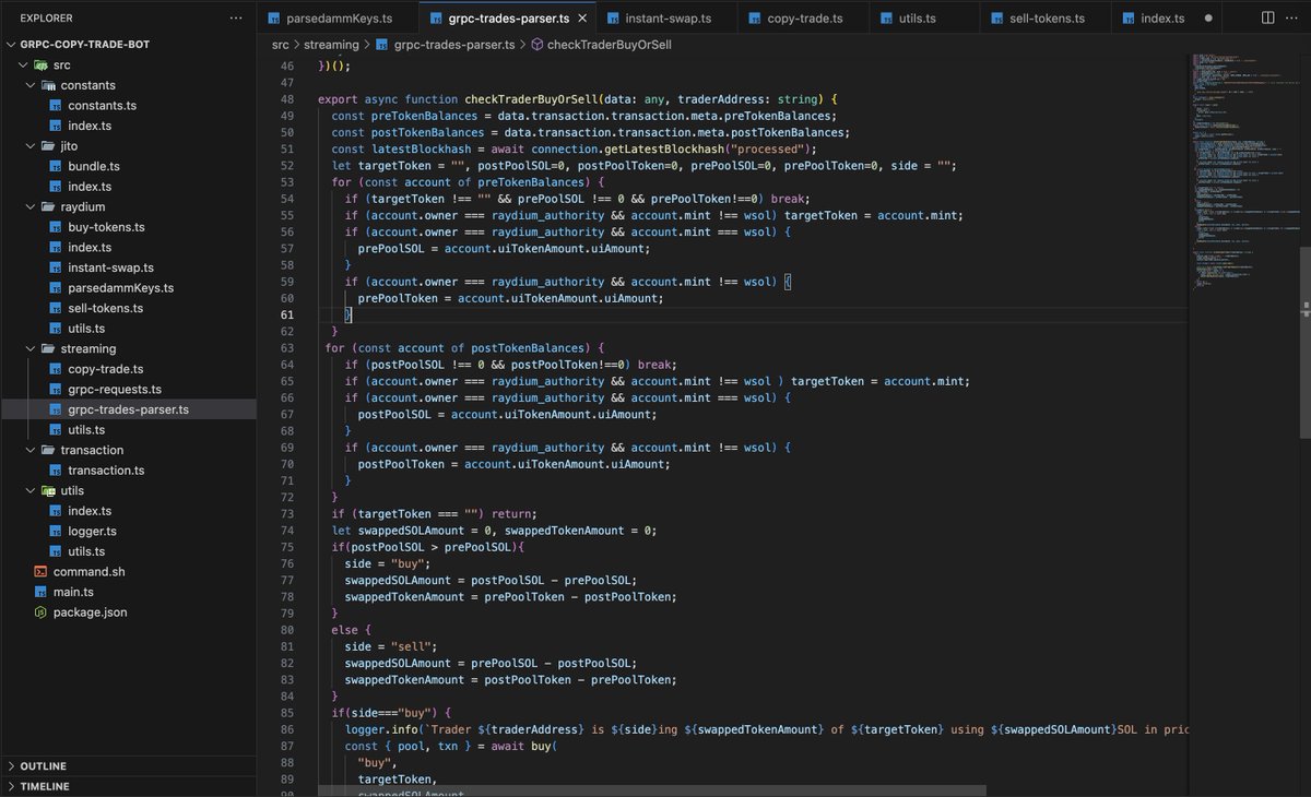 anshuman (@anshu_code) on Twitter photo Building Geyser gRPC Copy Bot! <a href="/triton_one/">Triton One ๐ฑ๐</a>
- Streams processed slot txns via Geyser gRPC
- Detects target walletโs Raydium swaps in real time
- Mirrors trade size via pool deltas (price = post SOL / post token)
- Optional Jito tips and bundle
- Uses WSOL (for now) Building Geyser gRPC Copy Bot! <a href="/triton_one/">Triton One ๐ฑ๐</a>
- Streams processed slot txns via Geyser gRPC
- Detects target walletโs Raydium swaps in real time
- Mirrors trade size via pool deltas (price = post SOL / post token)
- Optional Jito tips and bundle
- Uses WSOL (for now)