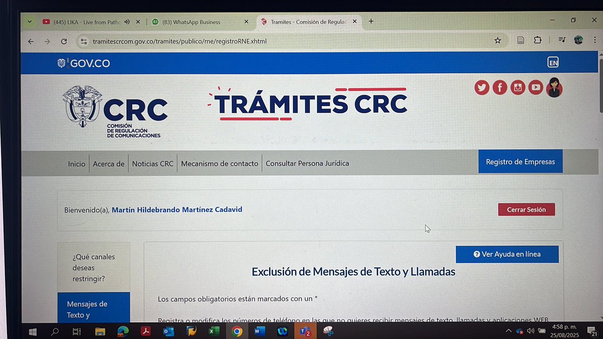 Para que esto no les pase:
1. Van a trámites CRC - Registro de números excluidos.
2. Crean usuario.
3. Cuando tengan la cuenta, inscriben su número y van a “exclusión de msj y llamadas”.
4. Inscriben su número celular.
5. Esperan 1 día a la aprobación del operador.