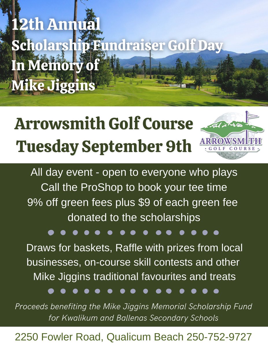 12th Annual Scholarship Fundraiser Golf Day, in memory of Mike Jiggins

Join us for a round of golf on Tuesday September 9th. 
Save 9% off green fees plus $9 of each green fee will be donated to the scholarships benefiting the local high schools.

#ArrowsmithGolf