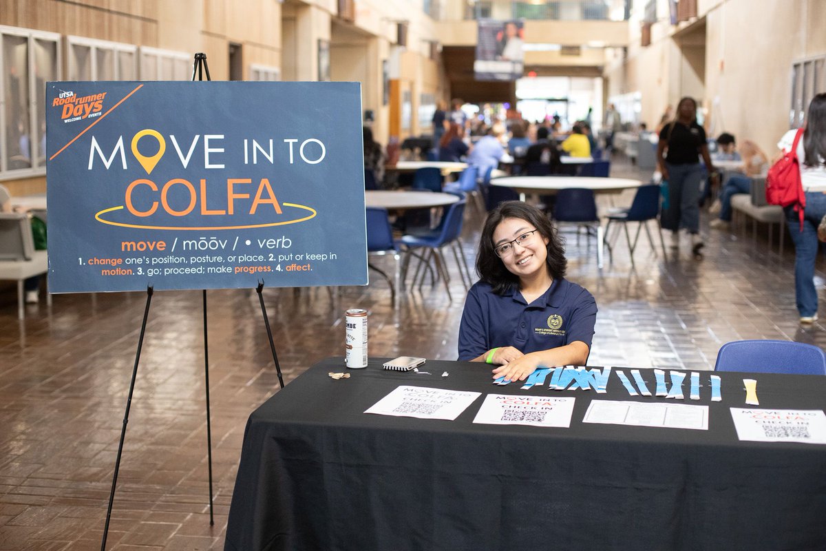 UTSACOLFA's tweet photo. Welcome back COLFA 'runners! Hope everyone had a great first day of classes ๐คฉ
Thank you to everyone that came out last friday for our Move In To COLFA event, we had a great turn out!
#UTSA #UTSACOLFA https://t.co/Pr5eqOVeQw