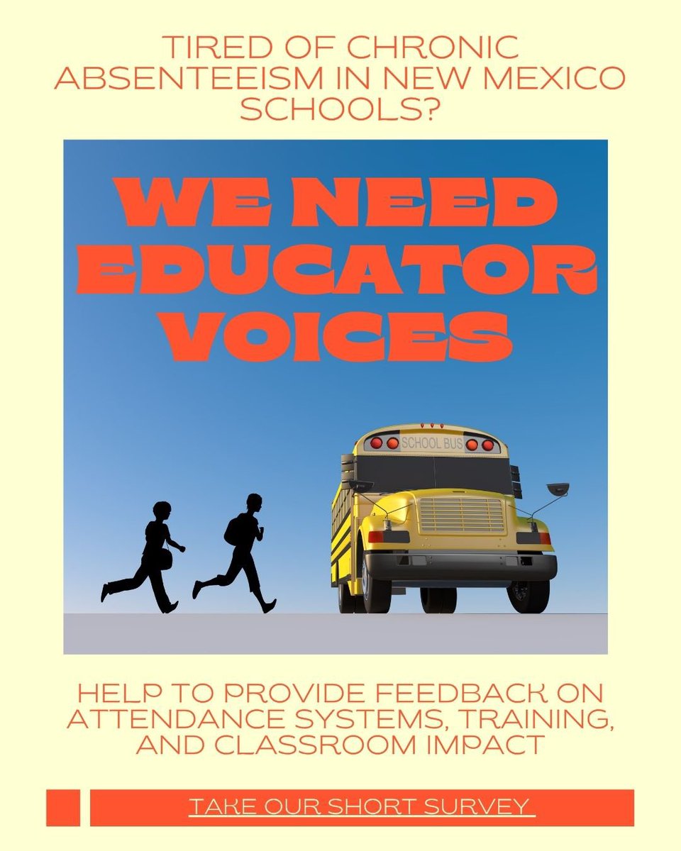 🚨CALLING ALL NEW MEXICO EDUCATORS🚨 Teach Plus NM Policy Fellows are gathering educator feedback on attendance systems, training &amp; causes of chronic absenteeism to help shape state policy and improve attendance practices statewide. Please take our survey: survey.alchemer.com/s3/8412603/New…