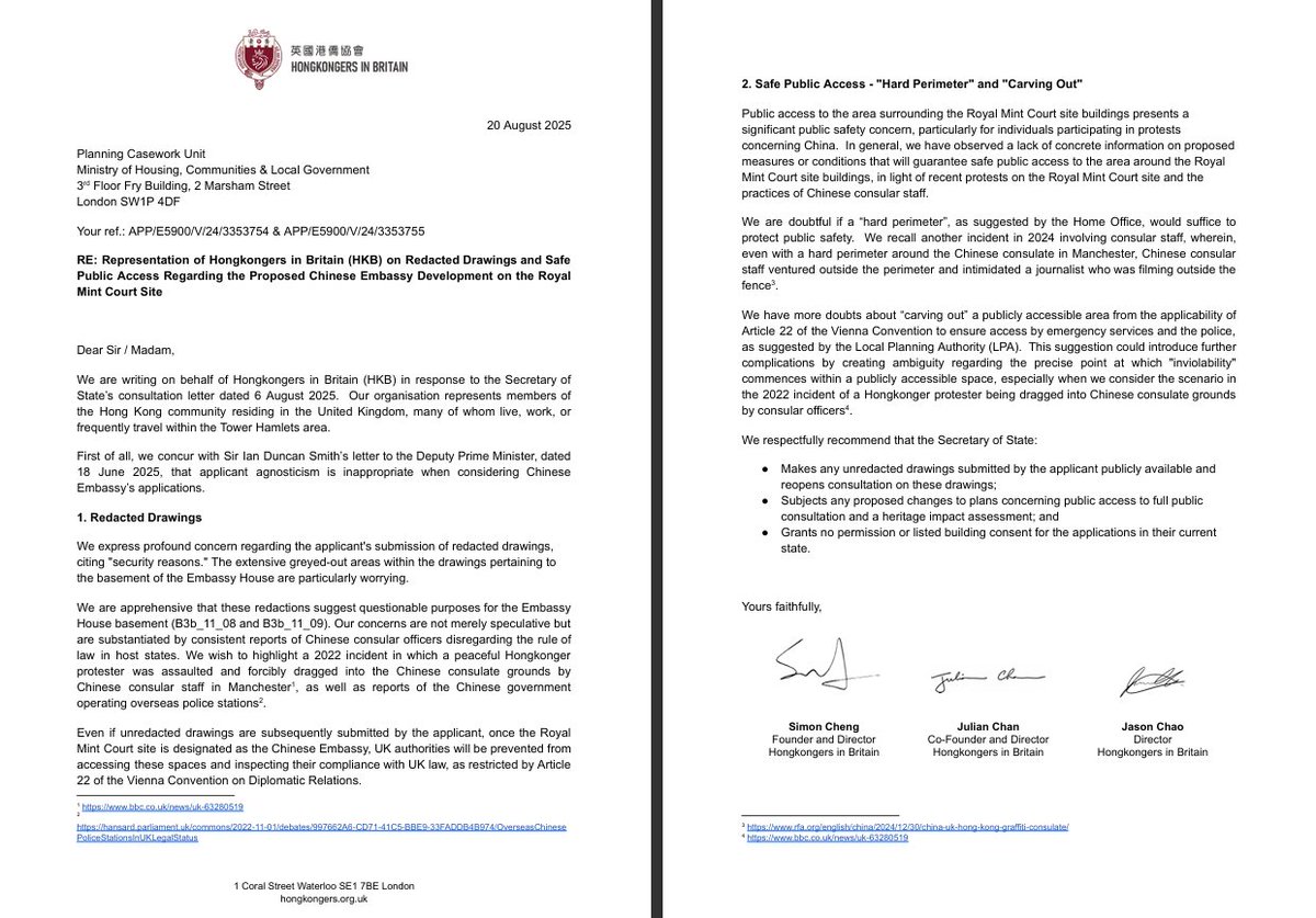 🚨Serious concerns over Chinese Mega-Embassy plans at Royal Mint Court: redacted drawings📝, lack of UK oversight🏛️, &amp; major public safety risks⚠️. We call on SoS to publish full plans, re-open consultation 🔍 &amp; reject current proposals❌. #RoyalMintCourt #HumanRights #UKPolitics
