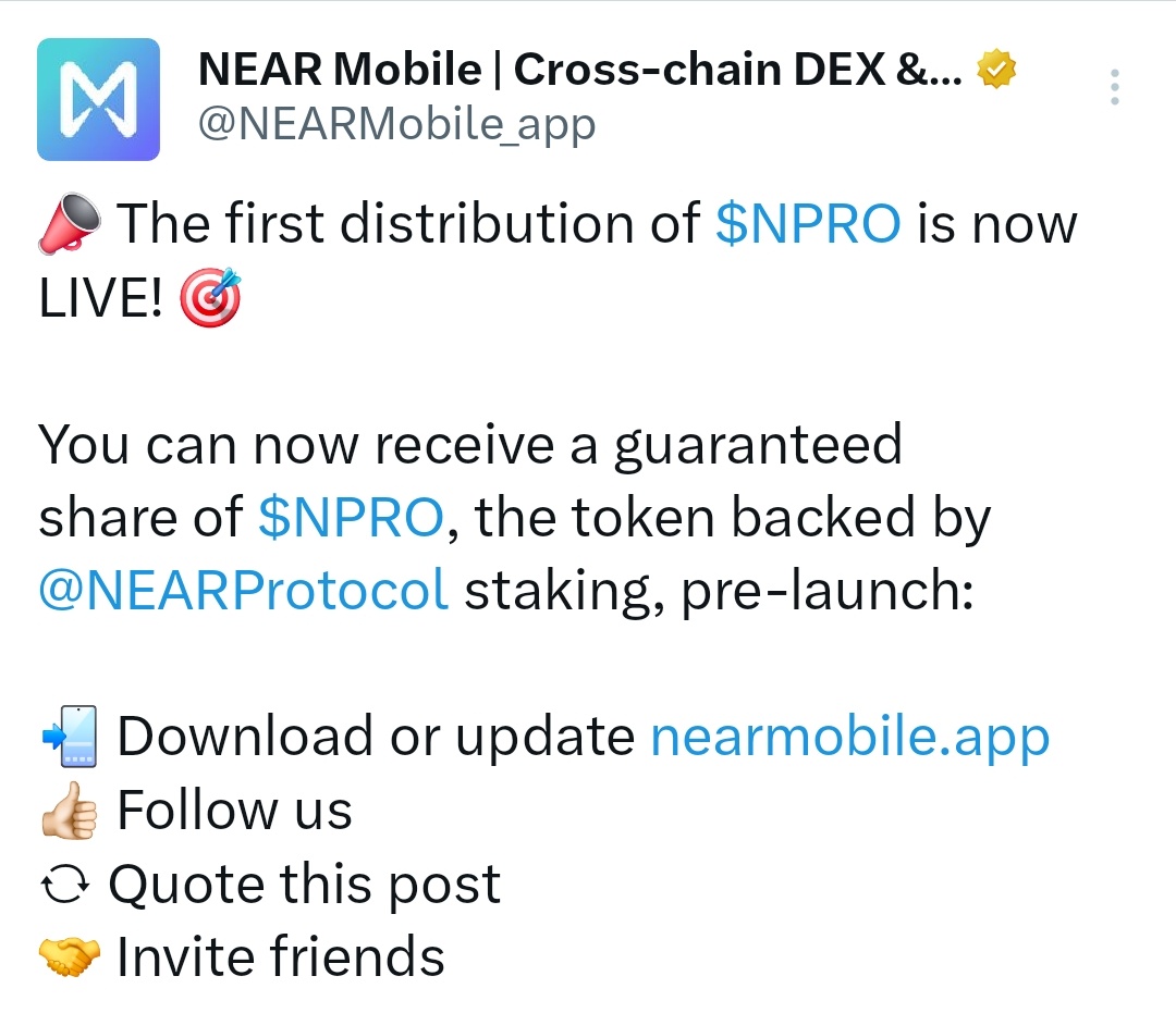 $NPRO Airdrop is LIVE on NEAR Mobile!  Stack free tokens (thousands of $ already committed!) with one click. 

Use code WTQ3YN for bonus points!  

Download: nearmobile.app &amp; join the crypto wave!  RT to win more! 

#NEAR #Airdrop #CryptoGem $HOT