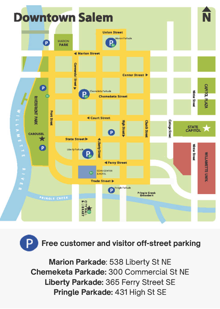 MCLawLibrary's tweet image. On-street parking in downtown Salem is now metered paid parking. 
Parking pay stations accept credit and debit cards, coins, or payments made with the Beep Beep Salem app. 
Find more information at beepbeepsalem.com. 
See map below for free downtown parking garages.