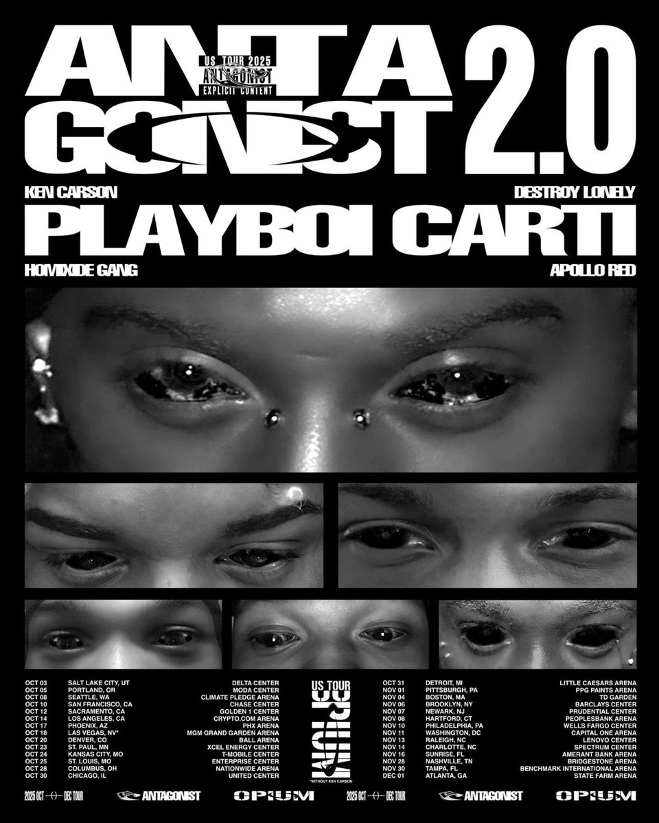 Playboi Carti, Ken Carson, Destroy Lonely, and Homixide Gang announce ANTAGONIST 2.0 Tour

Use Promo Code "PLAYTHISHIPHOP" for $20 off all ticket purchases on SeatGeek [only available when you start a new account]

Tickets: seatgeek.com/playboi-carti-…
