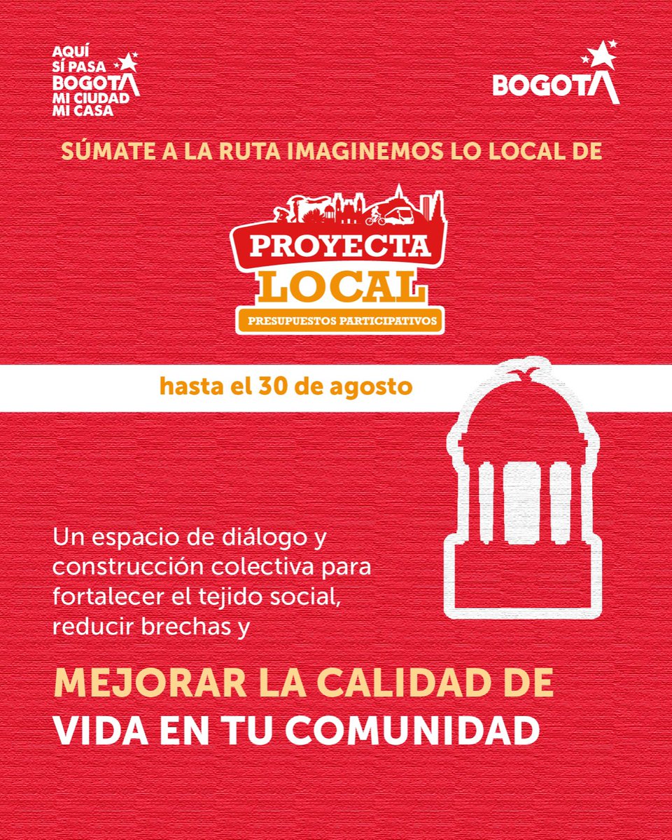 🗣️En Bogotá, mi ciudad, mi casa, te invitamos a participar en los encuentros organizados por tu Alcaldía Local dentro de la ruta Imaginemos lo Local.

💬 En este espacio podrás presentar tus propuestas y construirlas colectivamente con tu comunidad para transformar tu entorno.🤝