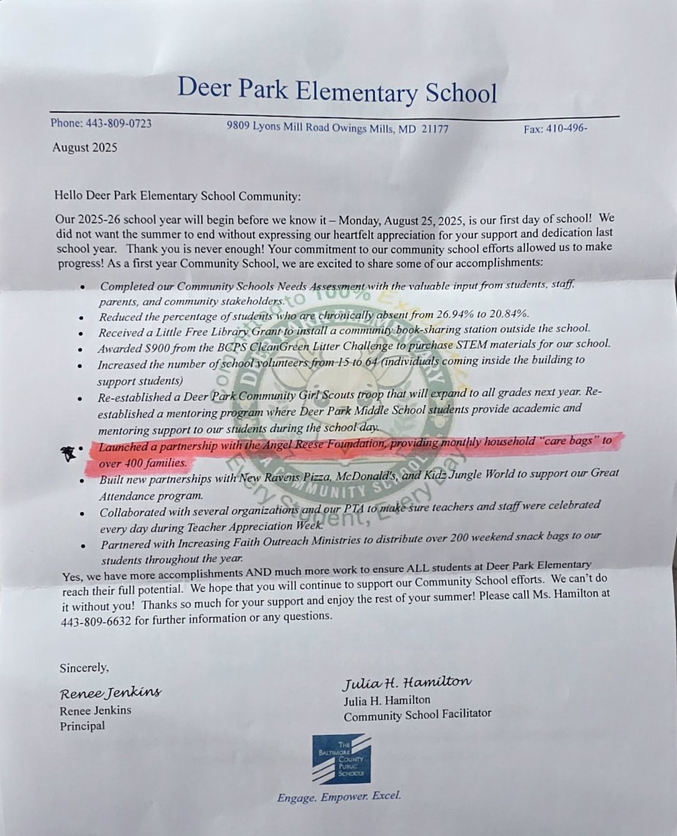 Stronger schools = stronger communities 💜

ACRF is proud to partner with Deer Park Elementary, providing monthly care bags to 400+ families while supporting student success inside &amp; outside the classroom. 🙌🏾

Here’s to an even bigger 2025–26! ✨

#AngelCReeseFoundation