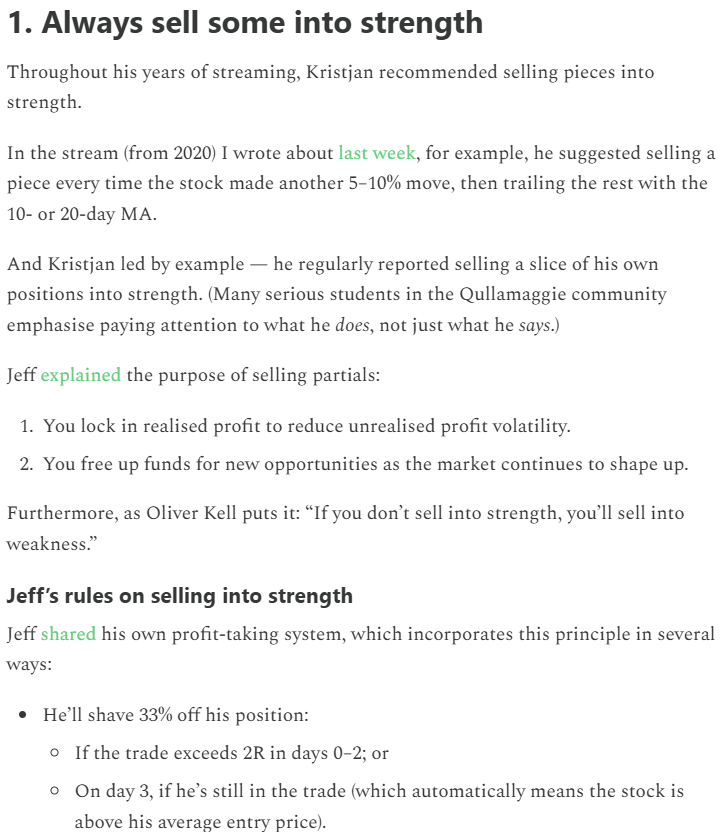 KynaKosling's tweet photo. 3 ‘golden sell rules’ from Qullamaggie:

1⃣ Always sell some into strength
2⃣ You can’t outsmart the 10 & 20 DMAs
3⃣ If your stop is hit, just sell

Discussed in depth in this @jfsrev-inspired stack from Dec 2024.

TTRH as a whole has, without doubt, helped me grow as a trader.

But improvement wasn’t linear.

Most of time, you’re just quietly putting in the reps, not seeing obvious progress.

Then, a major point suddenly clicks.

Was it really that single stack, or just cumulative learning that hit a tipping point?

Either way, this stack represented one of my most significant ‘aha’ moments as a trader.

I hope it does the same for you:

Risk and Position Management With Jeff Sun
When to sell: 3 golden rules from Qullamaggie explained
🔗 https://t.co/cQpQ3NpBMk