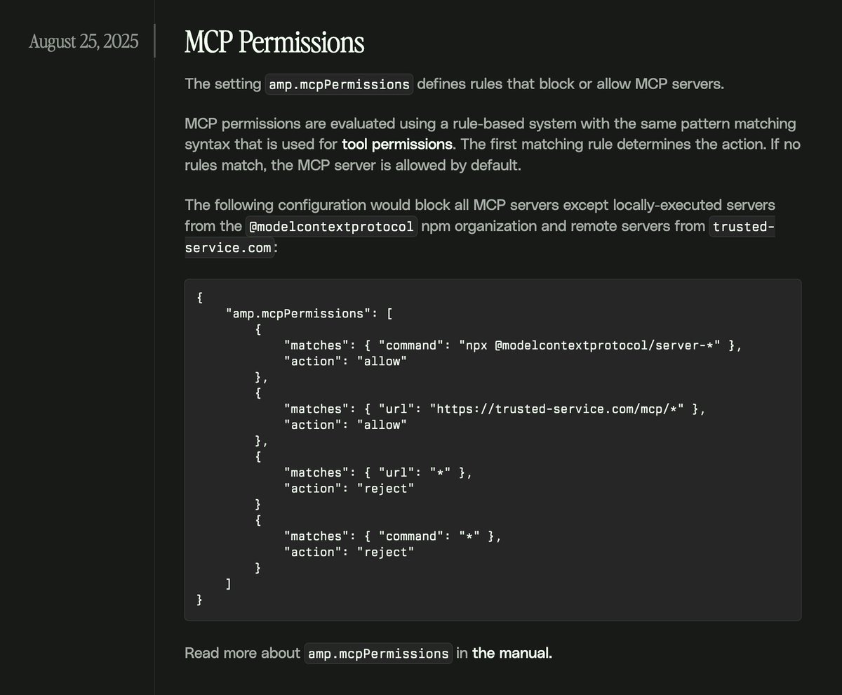A couple security-oriented ships for Amp today. You can allow or block MCP servers with string matches, regexes, or glob patterns. Admins can override individual settings with a special file on disk—useful for ensuring security and consistency when it comes to MCP and tools.