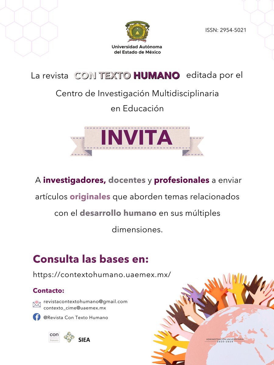 ConTexto_Humano's tweet image. 📢¿Eres investigador, docente o profesional? La Revista Con Texto Humano te invita a publicar tus aportes académicos.
📝 Envía tu artículo original sobre desarrollo humano y forma parte de una revista de acceso abierto que comparte conocimiento sin fronteras.