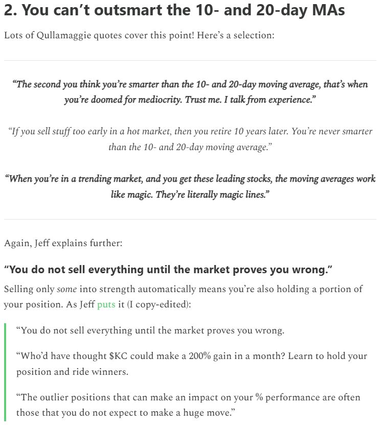 KynaKosling's tweet photo. 3 ‘golden sell rules’ from Qullamaggie:

1⃣ Always sell some into strength
2⃣ You can’t outsmart the 10 & 20 DMAs
3⃣ If your stop is hit, just sell

Discussed in depth in this @jfsrev-inspired stack from Dec 2024.

TTRH as a whole has, without doubt, helped me grow as a trader.

But improvement wasn’t linear.

Most of time, you’re just quietly putting in the reps, not seeing obvious progress.

Then, a major point suddenly clicks.

Was it really that single stack, or just cumulative learning that hit a tipping point?

Either way, this stack represented one of my most significant ‘aha’ moments as a trader.

I hope it does the same for you:

Risk and Position Management With Jeff Sun
When to sell: 3 golden rules from Qullamaggie explained
🔗 https://t.co/cQpQ3NpBMk