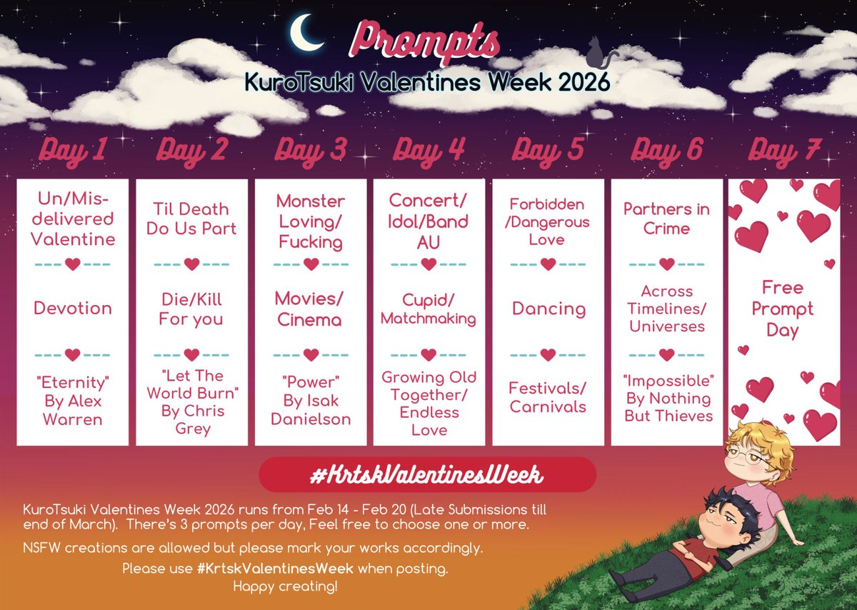 💟#Kurotsuki Valentine's Week 2026 PROMPTS!💕 

Prompts in thread to translate so anyone who wants to join can do so!  

💗From Feb 14 - Feb 20 (Late Submissions until End of March)

Use #KrtskValentinesWeek when posting!  🐱💖🌙 
#クロ月 #krtsk