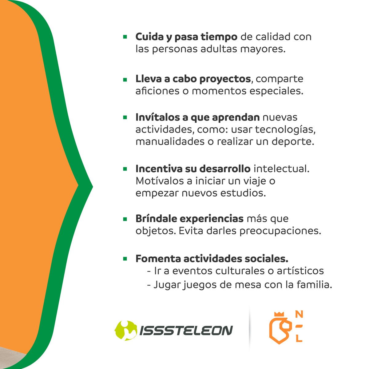 IsssteleonNL1's tweet image. Con estas recomendaciones puedes mejorar tu convivencia con los adultos mayores. Ponlas en práctica. #ISSSTELEON #salud #interacciónsocial #recomendaciones #adultomayor #convivencia