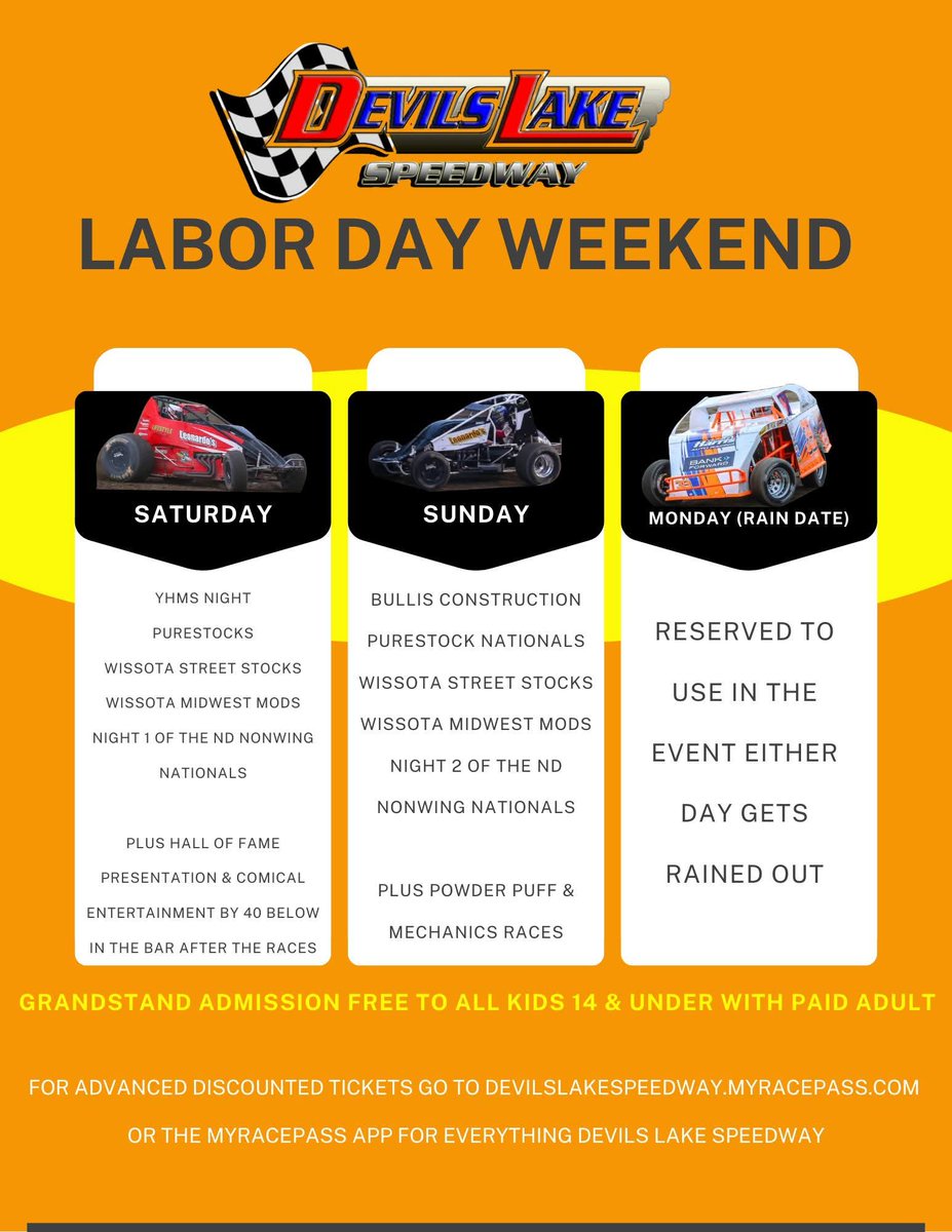raceDevilsLake's tweet photo. This weekend is kinda a big deal 

Races start at 7pm Saturday &amp; 5pm Sunday https://t.co/9WPzrBKFGG