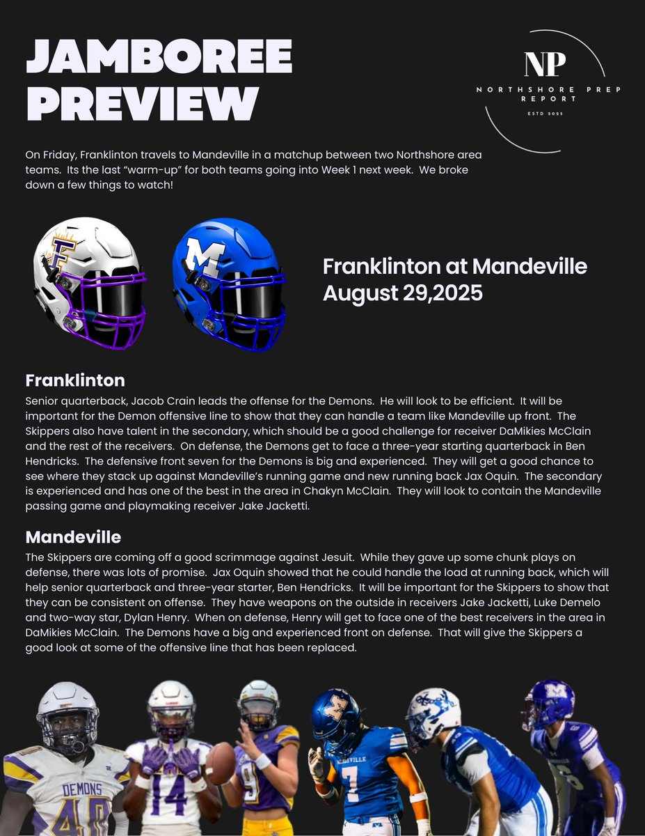 Northshore Prep Report (@northshoreprepr) on Twitter photo FOOTBALL 🏈🏈🏈
Jamboree Previews!
<a href="/FranklintonFB/">Franklinton Demon Football</a> at <a href="/Mandeville_FB/">Mandeville High Football</a>
<a href="/jacobcrain_9/">Jacob “Cadillac” Crain</a> <a href="/1wayymikey3/">Dãmǐķǐẽş Mççłǎįň</a> <a href="/JakeJacketti/">Jake Jacketti</a> <a href="/PaddioBraxton/">Braxton Paddio</a> <a href="/DylanHenry2636/">Dylan Henry</a> FOOTBALL 🏈🏈🏈
Jamboree Previews!
<a href="/FranklintonFB/">Franklinton Demon Football</a> at <a href="/Mandeville_FB/">Mandeville High Football</a>
<a href="/jacobcrain_9/">Jacob “Cadillac” Crain</a> <a href="/1wayymikey3/">Dãmǐķǐẽş Mççłǎįň</a> <a href="/JakeJacketti/">Jake Jacketti</a> <a href="/PaddioBraxton/">Braxton Paddio</a> <a href="/DylanHenry2636/">Dylan Henry</a>