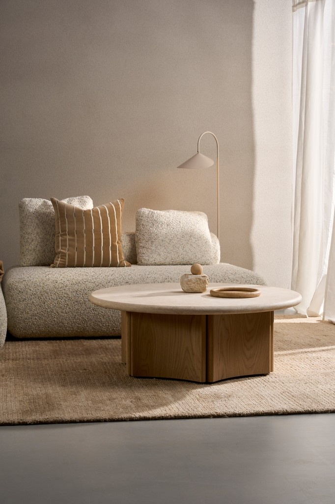 trithouse's tweet image. The Senna Coffee Table by Trit pairs light oak with Crema Marfil marble, bringing subtle richness and timeless elegance.