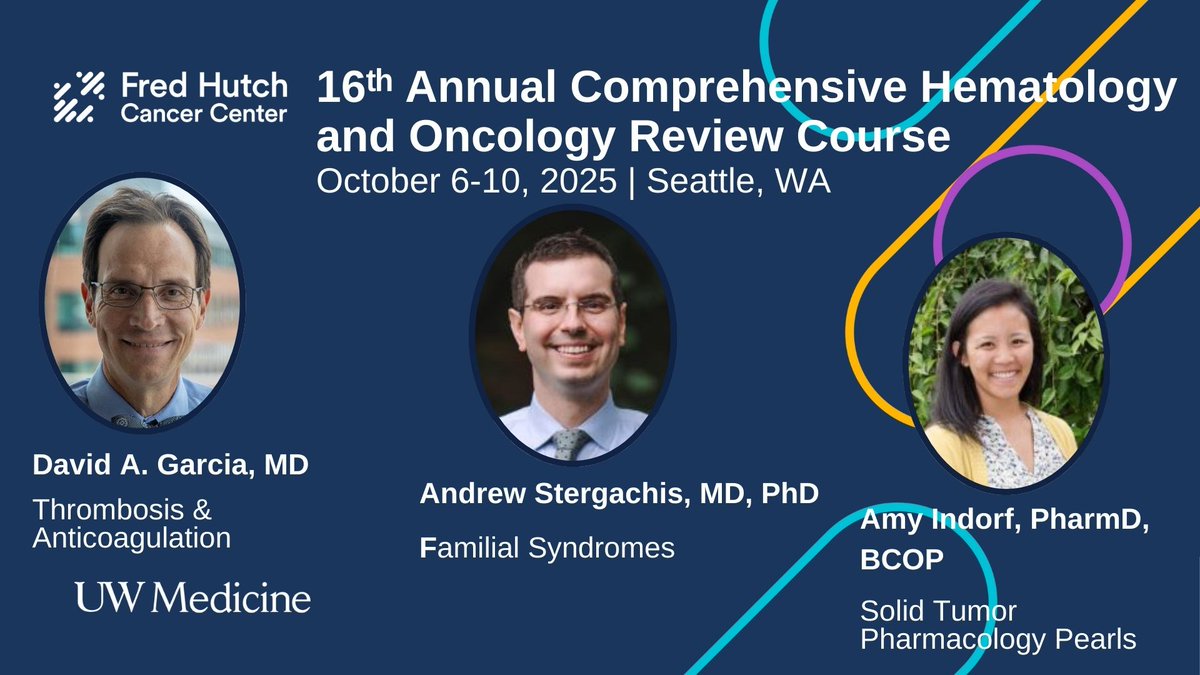Andrew Stergachis, David Garcia &amp; Amy Indorf—leaders in genetics, thrombosis, and oncology pharmacology.
Join us Oct 6–10 at Bell Harbor, Seattle for the 16th Annual Hematology &amp; Oncology Review Course.
uw.cloud-cme.com/MJ2601 <a href="/UWMedicine/">UW Medicine</a> <a href="/fredhutch/">Fred Hutch Cancer Center</a> <a href="/RyanCassaday/">Ryan Cassaday</a> <a href="/MollyTokaz/">Molly Tokaz</a>