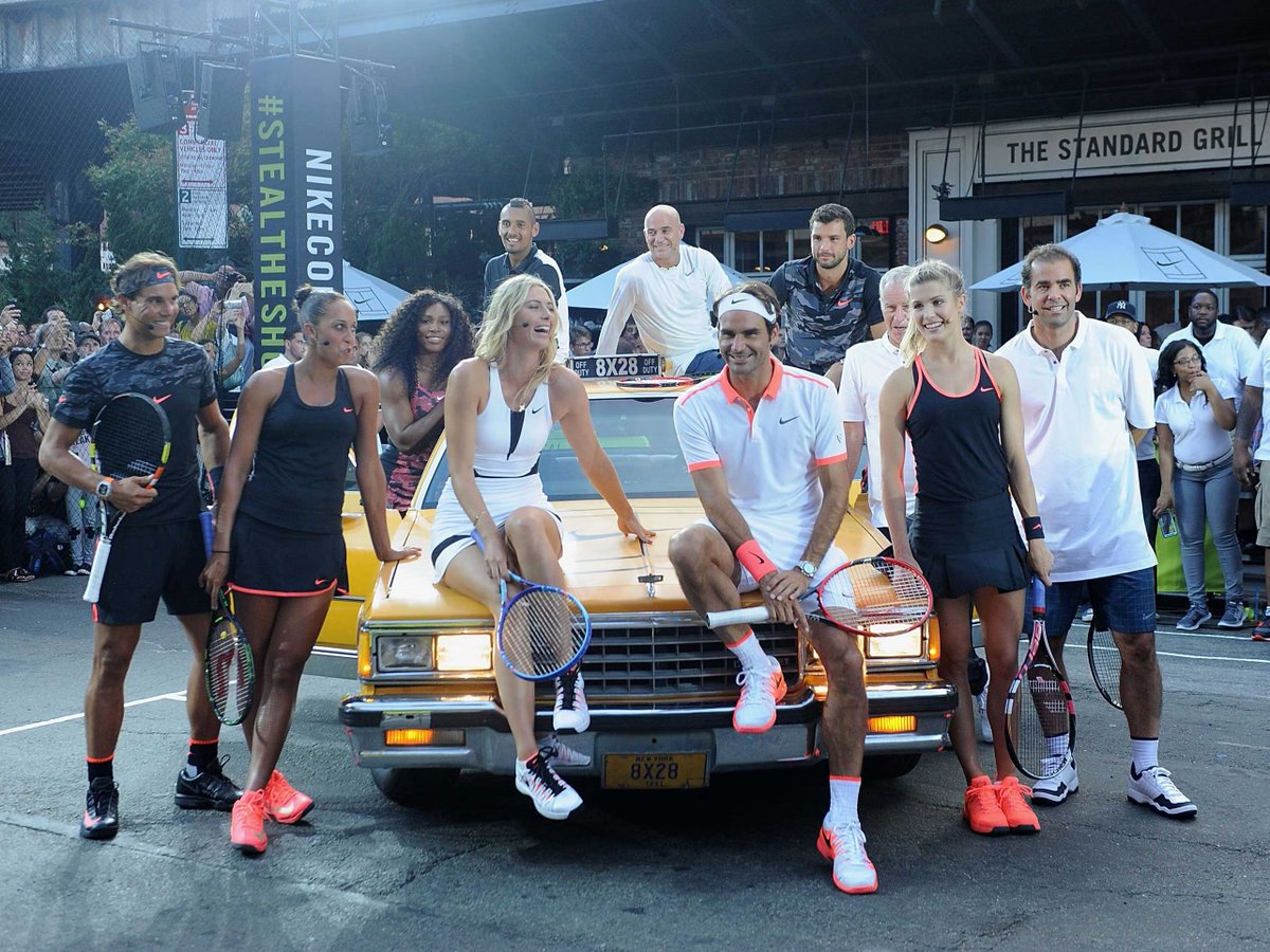 10 years ago today in New York, Nike gathered a squad that would combine for 100 Grand Slams:

Serena Williams - 23
Rafael Nadal - 22
Roger Federer - 20
Pete Sampras - 14
Andre Agassi - 8
John McEnroe - 7
Maria Sharapova - 5
Madison Keys - 1

Keys won #100 this year, poetically!
