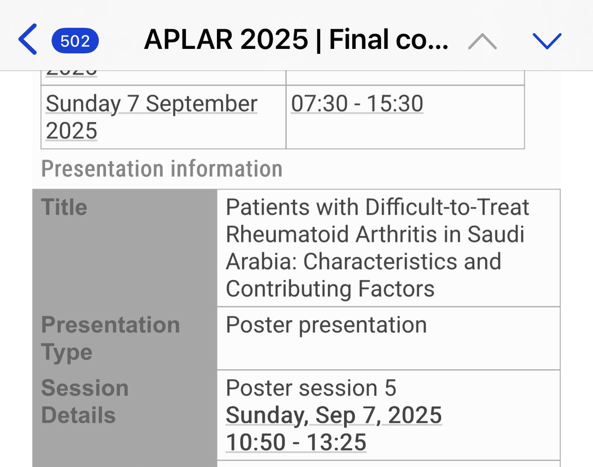 Our research #Difficult_to_Treat_Rheumatoid_Arthritis_in_Saudi_Arabia_Characteristic_and_Contributing_Factors has been accepted for presentation at #Asia_Pacific_League_of_Associations_for_Rheumatology #APLAR_Congress. 
4- 7th Sep in #Fukuoka, #Japan