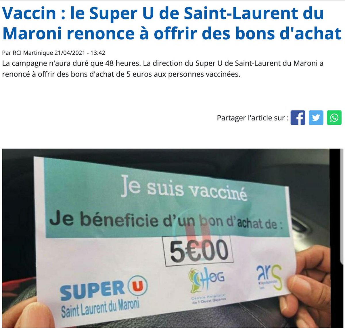 🔴 DEVOIR DE MÉMOIRE

04/2021 L’enseigne Super U de Saint-Laurent-du-Maroni a retiré une campagne controversée offrant 2 000 bons d’achat de 5 euros aux premières personnes vaccinées au CHOG, en partenariat avec l’ARS.

rci.fm/deuxiles/infos…

Tous les liens
👉