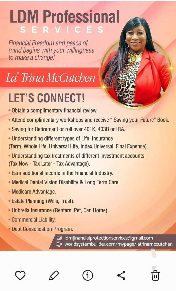 SpiritOfTruthMi's tweet image. 🔥Let me reintroduce myself! My name is Pastor LaTrina McCutchen and I am a Licensed Financial Professional!🔥
🔥I am here to serve you! I am highly trained to help you make good decisions pertaining to your resources!🔥

🔥Let's Connect!🔥
worldsystembuilder.com/mypage/latrina…