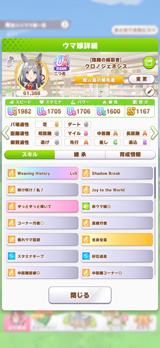 今年の春グランクロノラブズ実装と聞いてキタサン依頼の約3年ぶりにウマ娘復帰。Uランクが実装されててドン引き辞め。スティル実装と聞いて、再びプチ引退から復帰。インフレやばすぎて更に引いた。
すこし上振れたけど、最後URA決勝前でsp160練習を失敗➕中距離S付かないの🤮