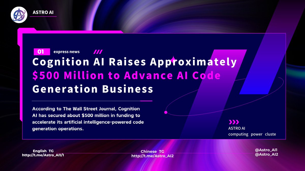 Astro_AI1's tweet image. 🚀Cognition AI just scored a massive win! According to the WSJ, they&apos;ve raised around $500 million to level up their AI code generation game. This is huge for the future of coding! 💻💰 #CognitionAI #AICode #FundingNews