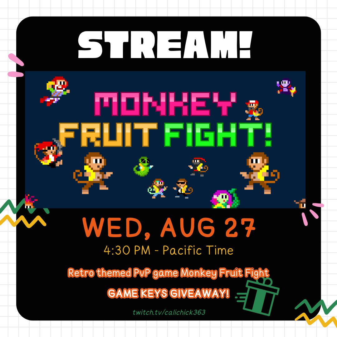 🎉🍌 GIVEAWAY TIME! 🍉🎮

Going LIVE Wed 8/27 thanks to <a href="/monkeyfruufight/">monkeyfruitfight</a> 🙌
I’ll be playing Monkey Fruit Fight! A colorful 2D retro arcade PvP where you jump, dodge &amp; blast your friends with fruit 🍍🎃🍌
✨ We’ll be giving away FREE game keys from Andreas during stream! ✨