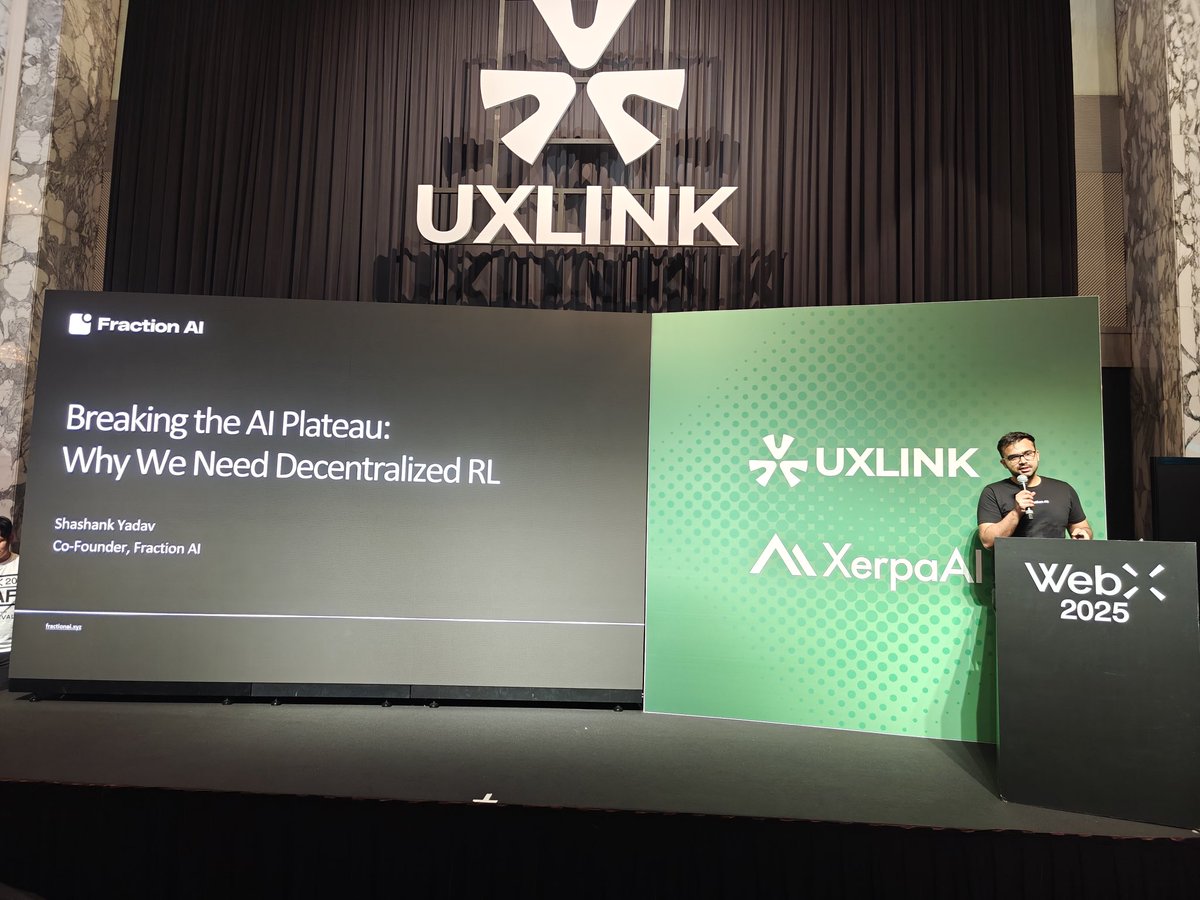 Fraction AI (@fractionai_xyz) on Twitter photo Breaking the AI Plateau: Why we need Decentralized Reinforcement Learning
Our founder <a href="/0xshai/">Shashank | 𝔽rAI</a> takes stage at <a href="/WebX_Asia/">WebX 2025 (Aug 25-26)</a> Breaking the AI Plateau: Why we need Decentralized Reinforcement Learning
Our founder <a href="/0xshai/">Shashank | 𝔽rAI</a> takes stage at <a href="/WebX_Asia/">WebX 2025 (Aug 25-26)</a>