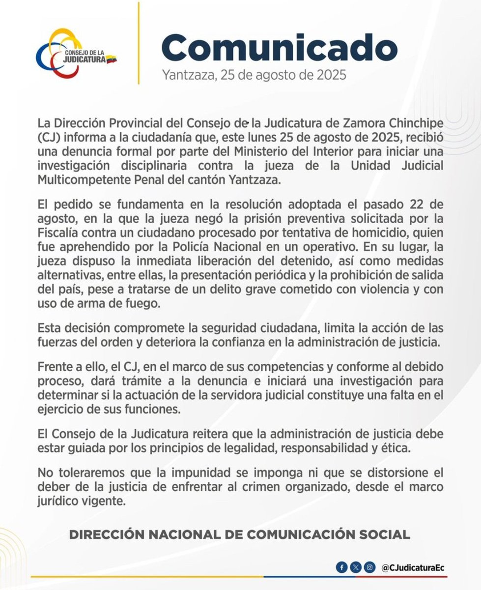 #ATENCIÓN 
A través de un comunicado, la Dirección Provincial del <a href="/ZamoraCJ/">Zamora CJ</a>, informó que iniciará una #investigación contra la #jueza de la Unidad Judicial Multicompetente Penal del cantón #Yantzaza, por presunta falta disciplinaria al negar la prisión preventiva solicitada por