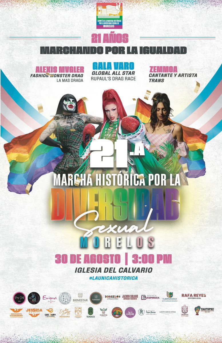 🏳️‍🌈🤩 Ora sí se lucieron: la Marcha por la Diversidad Sexual de Morelos (30 de agosto, Cuernavaca) trae talento drag y trans de talla internacional. 

En el cartel: <a href="/Gala_Varo/">Gala Varo</a>, <a href="/AlexisMvgler/">EL MONSTRUO DE LA MODA</a> y la cantante <a href="/Zemmoa/">Zemmoa</a>.