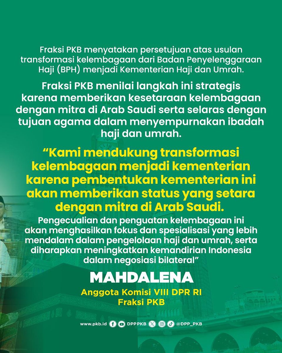 Fraksi PKB Setuju Badan Penyelenggara Haji (BPH) Naik Pangkat Jadi Kementerian Haji dan Umroh

Fraksi PKB menilai langkah ini strategis karena memberikan kesetaraan kelembagaan dengan mitra di Arab Saudi serta selaras dengan tujuan agama dalam menyempurnakan ibadah haji dan umroh