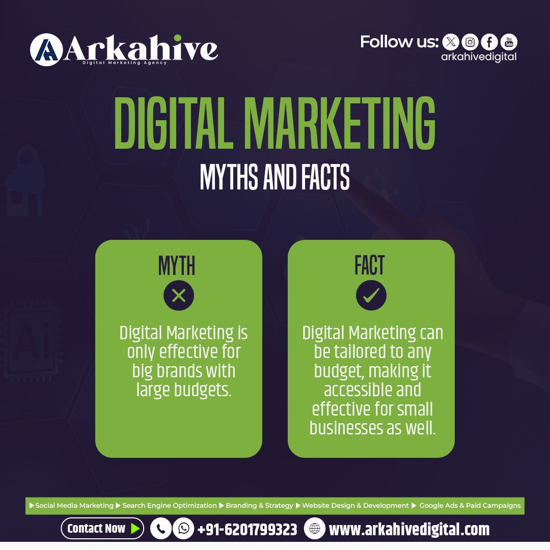 📌 In today's world, understanding the facts and myths about digital marketing is essential.
Knowing these can help you navigate common misconceptions and make smart choices for your business.

Reach out Now👇
☎️ 062017 99323 
🌐 arkahivedigital.com
#arkahive
#arkahivedigital