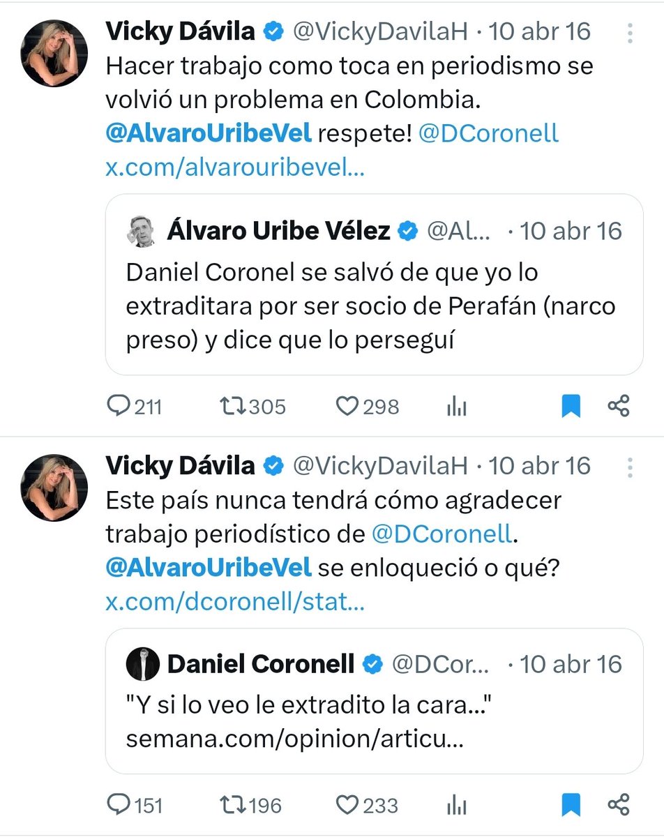Sebastián (@sanseseb) on Twitter photo Yo recordaba cómo <a href="/VickyDavilaH/">Vicky Dávila</a> atacaba a <a href="/MiguelUribeT/">Miguel Uribe</a>, lo señalaba de hacer campaña sucia en su contra, de usar venezolanos, de no dar la talla...
No recordaba era que trataba a <a href="/AlvaroUribeVel/">Álvaro Uribe Vélez</a> de loco y ser defensora acérrima de <a href="/DCoronell/">Daniel Coronell</a>. Critica a <a href="/ClaudiaLopez/">Claudia López Hernández</a> y es igual. Yo recordaba cómo <a href="/VickyDavilaH/">Vicky Dávila</a> atacaba a <a href="/MiguelUribeT/">Miguel Uribe</a>, lo señalaba de hacer campaña sucia en su contra, de usar venezolanos, de no dar la talla...
No recordaba era que trataba a <a href="/AlvaroUribeVel/">Álvaro Uribe Vélez</a> de loco y ser defensora acérrima de <a href="/DCoronell/">Daniel Coronell</a>. Critica a <a href="/ClaudiaLopez/">Claudia López Hernández</a> y es igual.